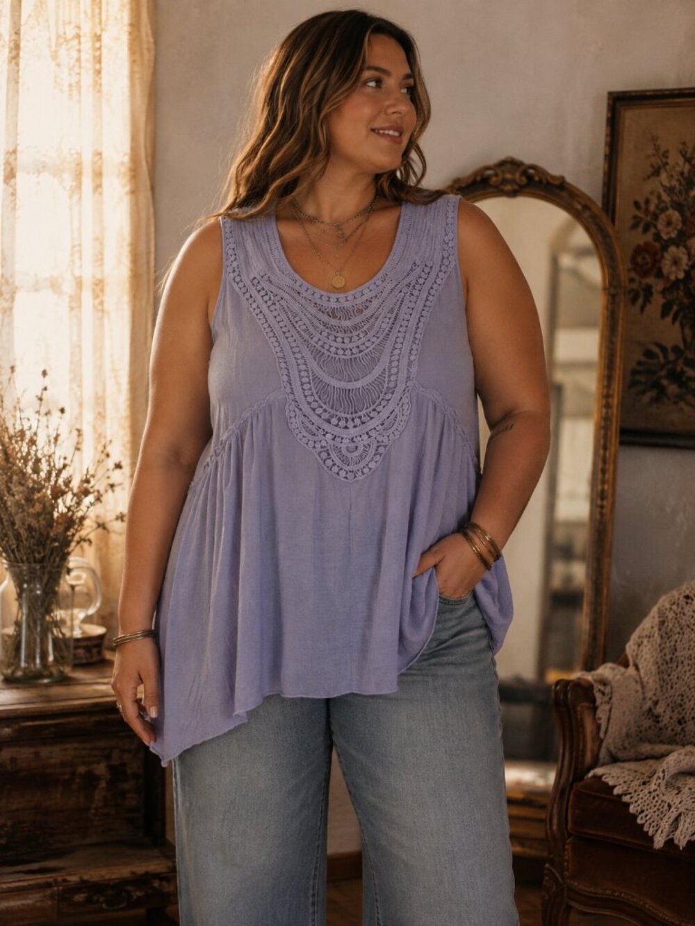 Dusty Blue Crochet Detail Boho Tunic Tank Top